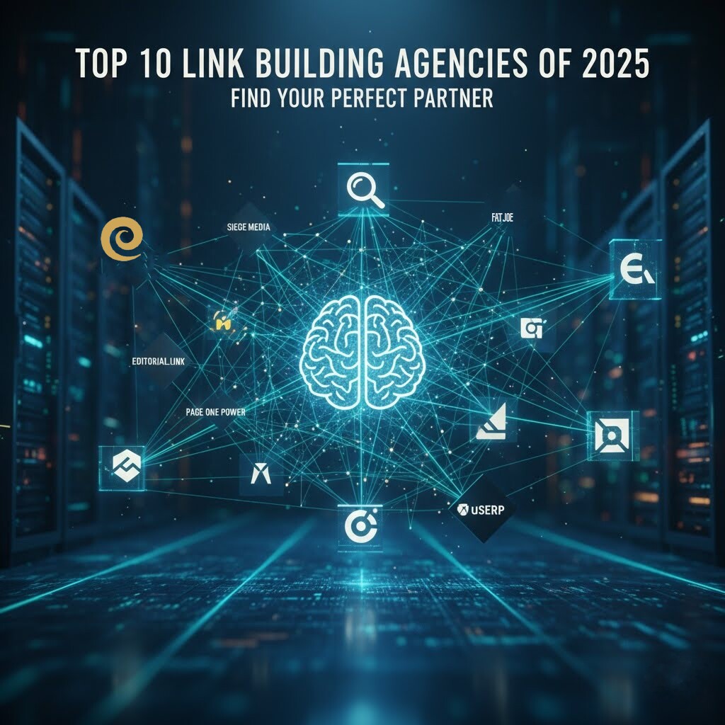 Futuristic digital brain with network links and logos, titled top 10 link building agencies of 2025.