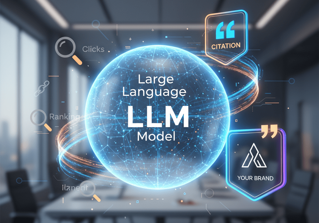 Glowing globe labeled "Large Language LLM Model" with digital icons in a modern office setting, showcasing how AI citations enhance SEO and drive business competition.